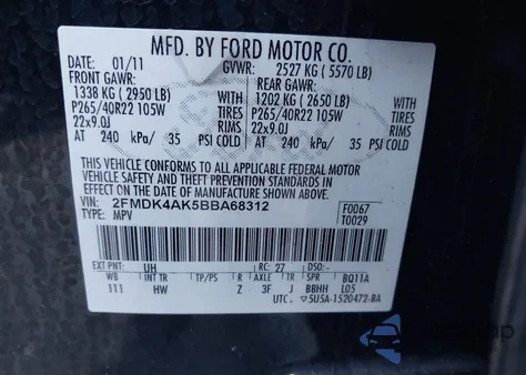 2011 Ford Edge Sport z USA, uszkodzony, nr VIN 2FMDK4AK5BBA68312